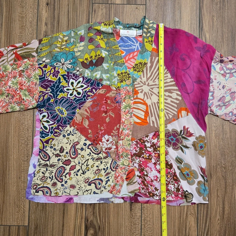 Sacred Threads Bohemian Indie Patchwork Rayon Button up Kimono Top Blouse Size S - Picture 11 of 12